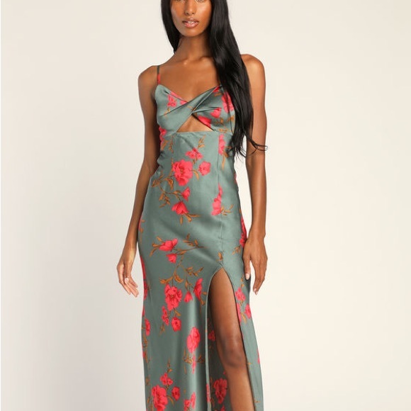 Fit for the Fete Sage Green Floral Satin Maxi Dress Lulus - Picture 1 of 2